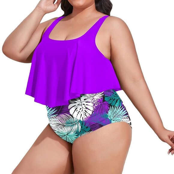 MOONCORE LILAC FLOUNCE RUFFLE BLACK FLORAL HIGH WAIST TANKINI SET SIZE 2XL NWT - Picture 2 of 8